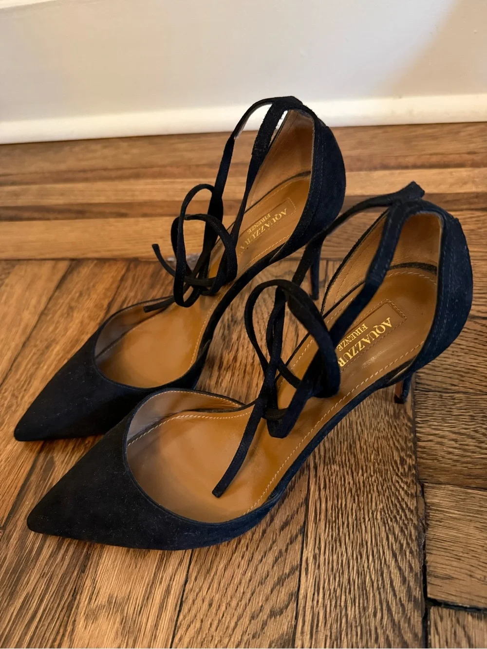 Aquazzura Black Suede Pointed-Toe d’Orsay Stiletto Heels with Ankle Tie